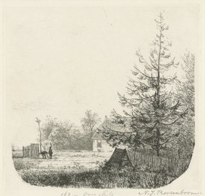 Paesaggio alberato con un nido di cicogne