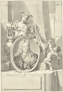Putti e una donna vicino a un medaglione con il ritratto di Arnold Houbraken
