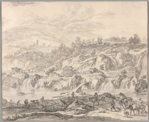 Paesaggio con cascate e ponti, contadini in primo piano da Nicolaes Berchem