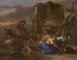 Scena pastorale con una pastorella che munge una capra