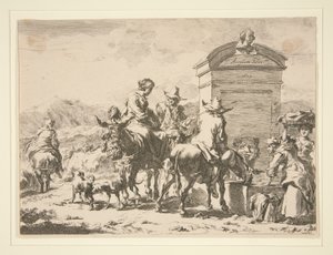 Senza titolo - Scena di genere con persone su asini e una lapide da Nicolaes Berchem