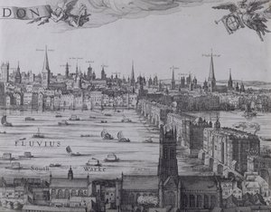 Panorama di Londra e del Tamigi, parte tre che mostra Southwark, London Bridge e le chiese della Città, c.1600 da Nicolaes Jansz Visscher