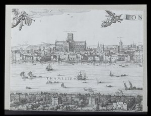 Panorama di Londra e del Tamigi, parte due che mostra la Cattedrale di St. Paul e il Globe Theatre, c. 1600 da Nicolaes Jansz Visscher