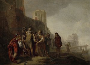 I legati di Alessandro Magno investono il giardiniere Abdalonymus con le insegne della regalità di Sidone (1649) da Nicolaes Knüpfer