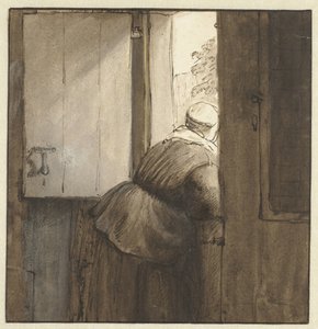 Donna appoggiata alla porta inferiore da Nicolaes Maes (possibly)
