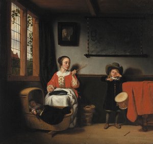 Dutch: Giovane donna con una canna vicino a una culla e un ragazzo con un tamburo The Naughty Drummer / Giovane donna con una canna vicino a una culla e un ragazzo con un tamburo da Nicolaes Maes