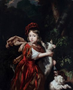 Olandese: Ritratto di un ragazzo con una capra e un cane, in un paesaggio Ritratto di un ragazzo vestito da cacciatore con una capra e un cane da Nicolaes Maes