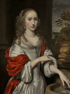 Ritratto di una giovane ragazza, in piedi vicino a una fontana da Nicolaes Maes