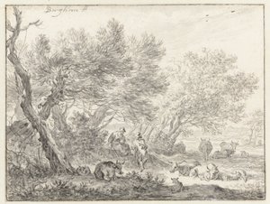 Pastori e bestiame vicino a un gruppo di alberi da Nicolaes Pietersz Berchem
