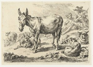 Paesaggio con asino, pecore, capra e pastori da Nicolaes Pietersz Berchem