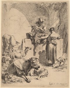 Il pastore seduto su una fontana e la filatrice da Nicolaes Pietersz Berchem
