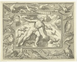Elemento aria come giovane uomo su nuvole tra uccelli volanti da Nicolaes de Bruyn