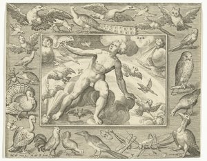 Elemento aria come giovane uomo su nuvole tra uccelli volanti (Aria) (I quattro elementi)
