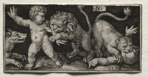 Leoni che attaccano bambini da Nicolaes de Bruyn