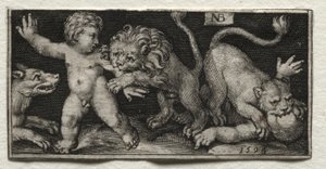 Leoni che attaccano bambini, 1594 da Nicolaes de Bruyn