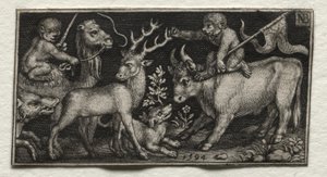 Scimmie che cavalcano un cammello e un toro