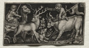 Scimmie che cavalcano un cammello e un toro, 1594 da Nicolaes de Bruyn