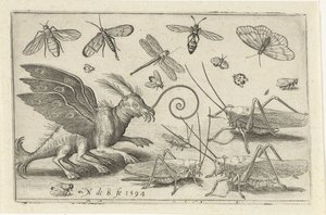Cavallette e creatura fantastica con ali e membrane natatorie da Nicolaes de Bruyn
