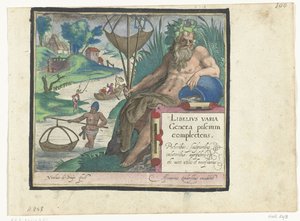 Stampa con titolo e dio del fiume con tridente e rete da pesca in un paesaggio con pescatori da Nicolaes de Bruyn