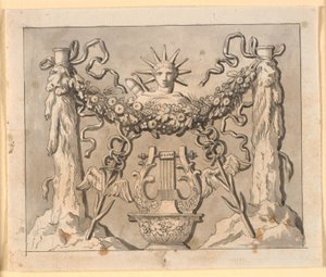 Composizione decorativa con colonne di Ercole, testa di Apollo e vari attributi da Nicolai Abildgaard
