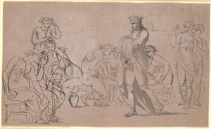 Una figura maschile incoronata mostra i suoi genitali in mezzo a una folla di donne sedute e in piedi da Nicolai Abildgaard