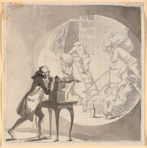 Un uomo con una lanterna magica mostra un furto che avviene sotto il naso della guardia addormentata da Nicolai Abildgaard
