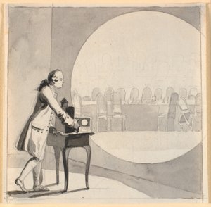 Un uomo con una lanterna magica mostra un