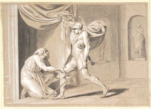 Un soldato trova Claudio, che teme di diventare imperatore, nascosto dietro una tenda da Nicolai Abildgaard