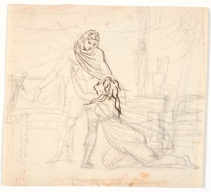 Una giovane donna che in ginocchio abbraccia supplichevole un eroe nudo da Nicolai Abildgaard