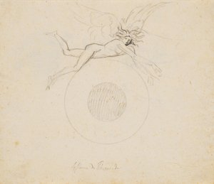 Un genio alato, fluttuante sopra un globo, indicato con un paio di archi di cerchio da Nicolai Abildgaard