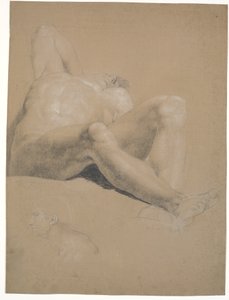 Modella semi-sdraiata. Braccio destro piegato e mano nascosta sotto la testa. Gamba sinistra piegata. Gamba destra quasi distesa. In basso a sinistra testa di uomo. Profilo verso sinistra da Nicolai Abildgaard