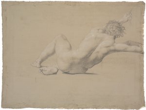 Modello semi-sdraiato visto da dietro. Braccio sinistro disteso, mano che afferra una corda. Gambe piegate, destra sotto la sinistra da Nicolai Abildgaard