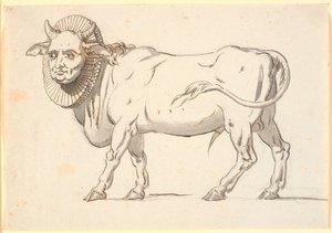 Caricatura di un ecclesiastico, in forma di toro con volto umano e colletto a pieghe intorno al collo da Nicolai Abildgaard