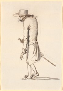 Caricatura di un uomo curvo, che cammina verso sinistra, con un bastone nella mano destra da Nicolai Abildgaard