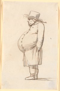 Caricatura di un uomo panciuto, in piedi di profilo a sinistra