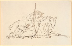 Figura femminile con frecce e faretra, seduta appoggiata a un animale fantastico (forse un formichiere). Allegoria dell