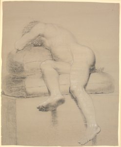 Modello maschile sdraiato, visto in scorcio dai piedi da Nicolai Abildgaard