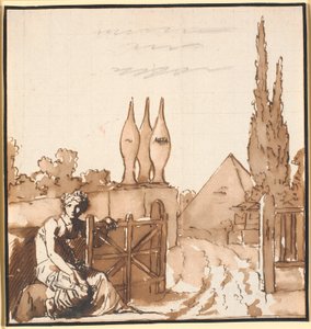 Il traguardo della vita. Disegno allegorico. Una donna apre il cancello di un cimitero con una metopa e una piramide