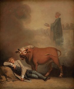 Niels Klim pensa di sentire il diacono quando viene svegliato da un toro da Nicolai Abildgaard