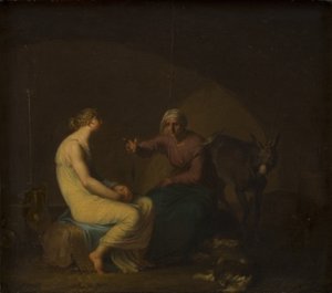 La governante della banda di ladri consola la giovane ragazza raccontando il mito di Amore e Psiche. Motivo da Apuleio: L