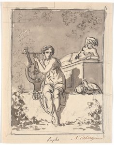 Saffo, seduta con la sua lira, sullo sfondo riposa un ermafrodito da Nicolai Abildgaard
