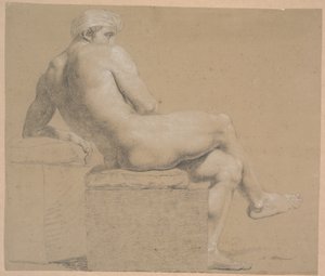 Modello seduto con fazzoletto in testa. Seduto su plinto con cuscino. Rivolto a destra. Appoggiato a un plinto più alto, su cui riposa il braccio sinistro. Gambe incrociate da Nicolai Abildgaard