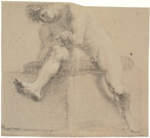 Modello seduto su un basso piedistallo con cuscino. Braccia incrociate. Gamba sinistra piegata, gamba destra distesa da Nicolai Abildgaard
