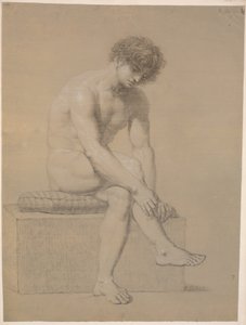 Modello seduto su un basso plinto con cuscino. Girato a destra. Braccia pendenti. Gambe incrociate da Nicolai Abildgaard