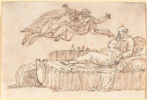 Socrate riposante sul suo letto; in aria due "daimon" fluttuanti da Nicolai Abildgaard