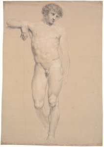 Modello in piedi. Vista frontale. Braccio destro appoggiato su alto plinto da Nicolai Abildgaard