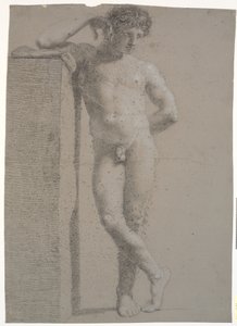 Modello in piedi. Vista frontale. Braccio destro appoggiato su alto plinto. Gambe incrociate da Nicolai Abildgaard