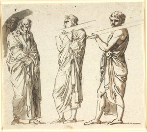 Tre uomini in piedi, due giovani portano una tavola sulla spalla, il terzo più anziano in posizione pensierosa da Nicolai Abildgaard