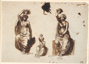 Tre studi per una figura femminile allegorica seduta con una testa di Medusa sollevata nella mano destra da Nicolai Abildgaard