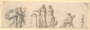 Bozzetto per la decorazione di un campo, probabilmente una tavola di legno dipinta su un mobile. Figure antiche con cesti di fiori e spighe presso un altare da Nicolai Abildgaard